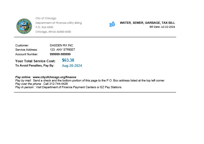 USA Illinois Chicago water, sewer, garbage, tax business utility bill Word and PDF template PSD template